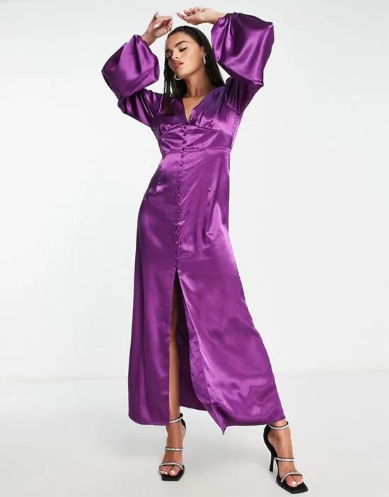 satin maxi dress with button front in purple