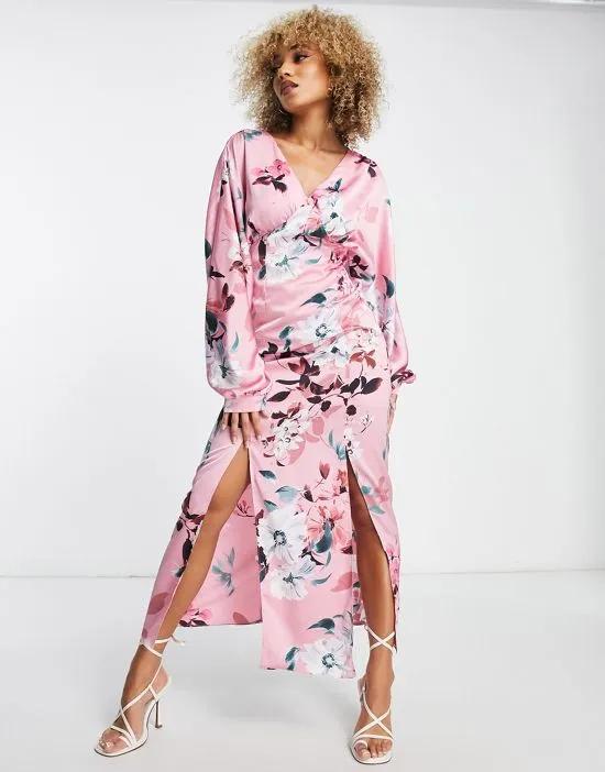 satin maxi dress with kimono sleeve in dusky pink floral