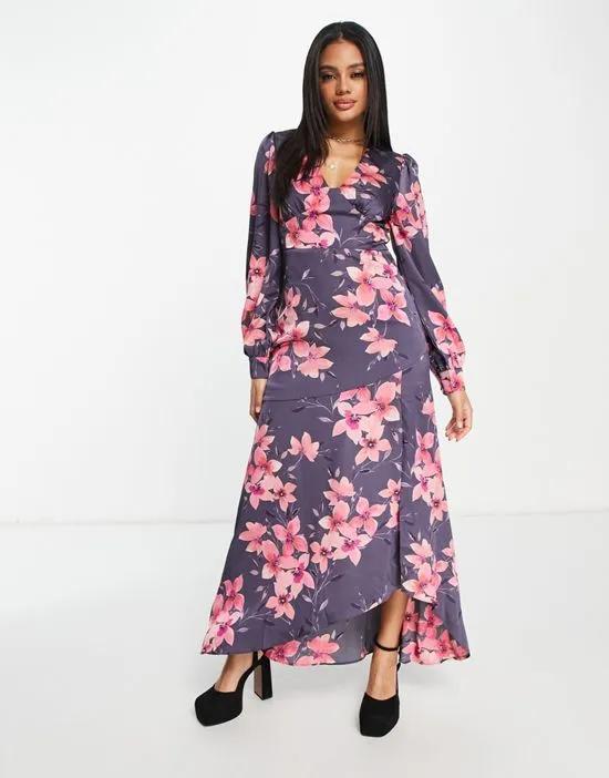 satin maxi dress with split in scattered dark gray floral