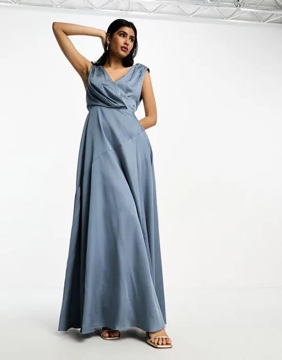 satin maxi dress with wrap bodice in dusky blue