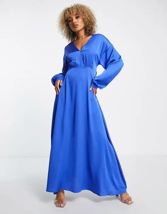 satin maxi wrap dress with full skirt in cobalt blue
