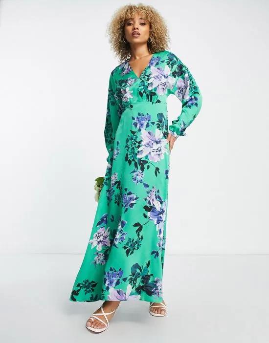 satin maxi wrap dress with long sleeves in green floral