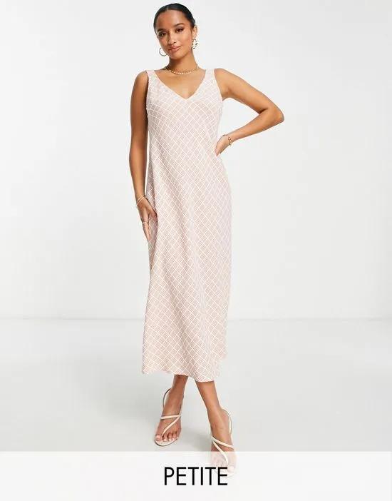 satin midi cami dress in pink and white check