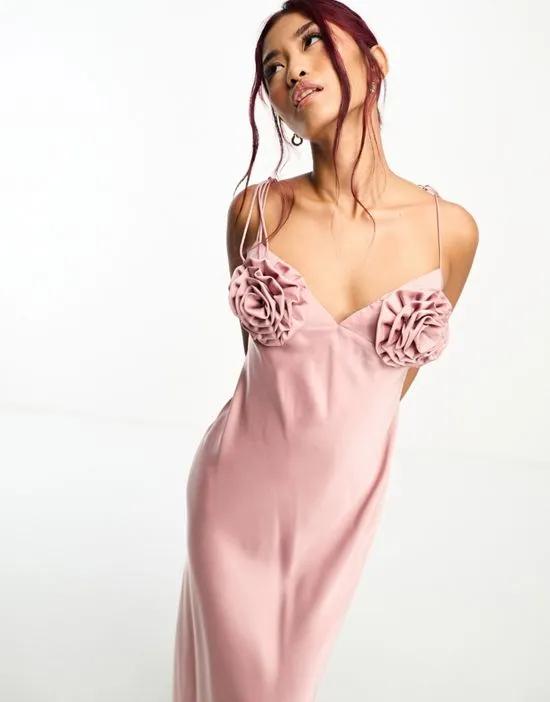 satin midi dress in pink rose
