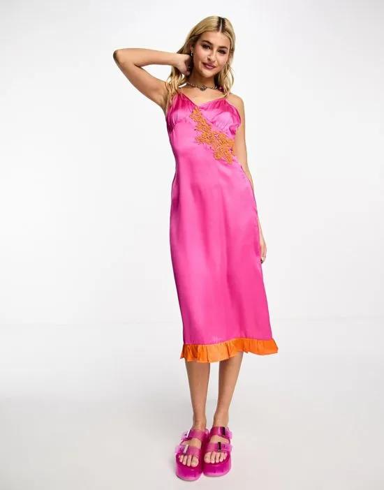 satin midi dress with lace contrast trim in pink