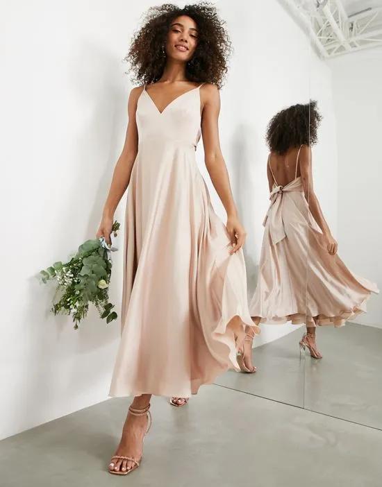 satin midi dress with tie back in blush