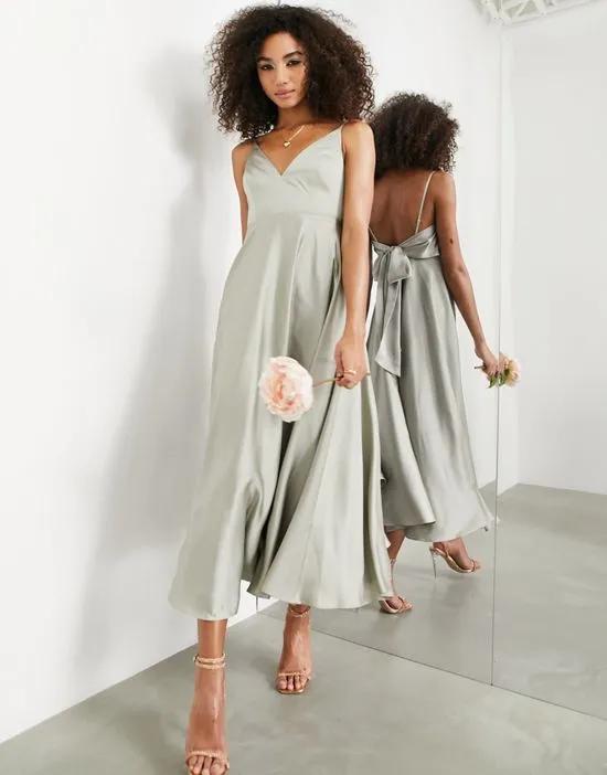 satin midi dress with tie back in sage green