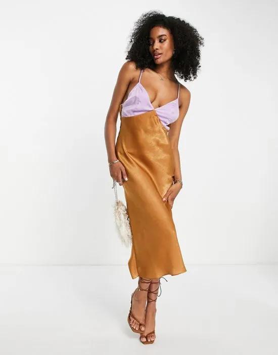 satin midi lace up back dress in camel and lilac color block