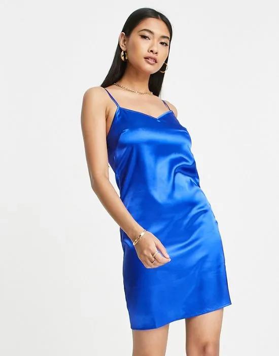 satin mini dress in cobalt