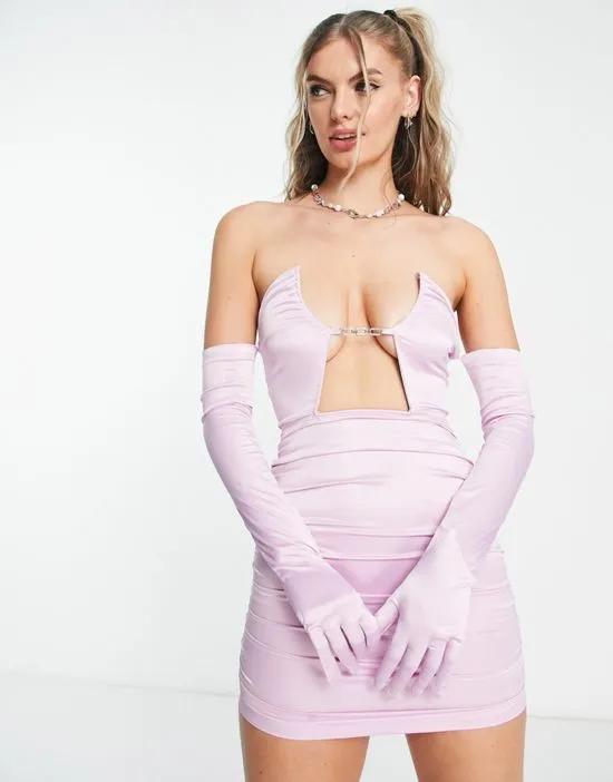 satin mini dress with gloves in lilac
