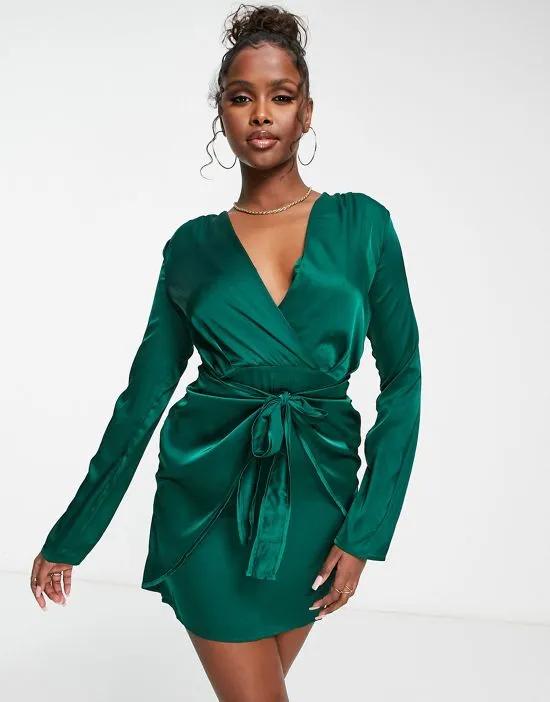 satin mini long sleeve ruffle dress in emerald