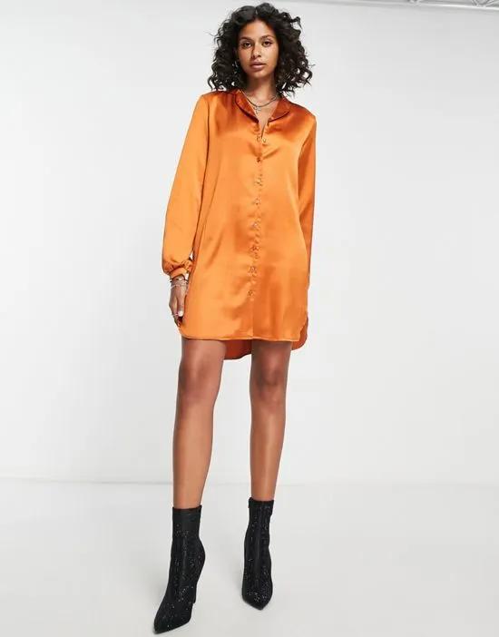 satin mini shirt dress in burnt orange
