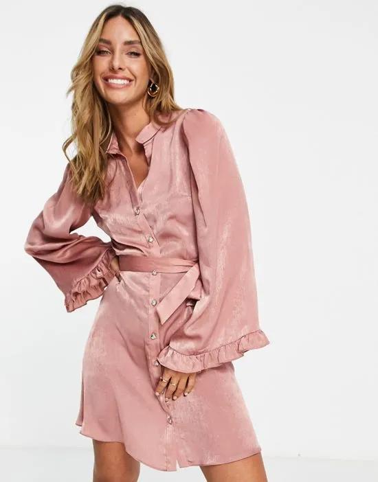 satin mini shirt dress with flute sleeve in pink