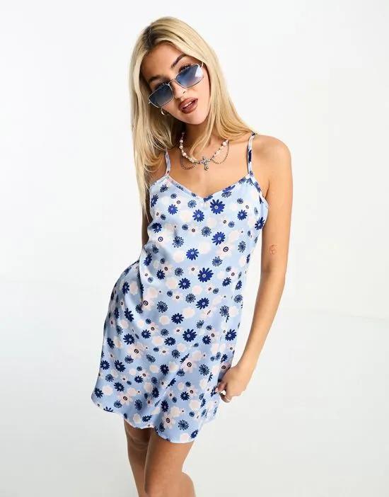 satin mini slip dress in blue floral print