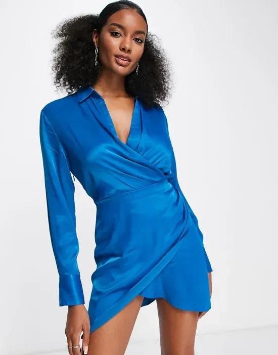 satin mini wrap shirt dress in blue