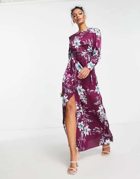 satin modest maxi dress in wine placement floral