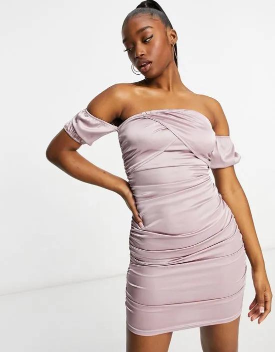 satin off shoulder body-conscious dress in dusky lilac