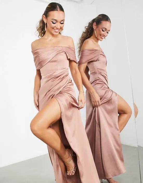 satin off-the-shoulder drape wrap maxi dress in cinnamon rose
