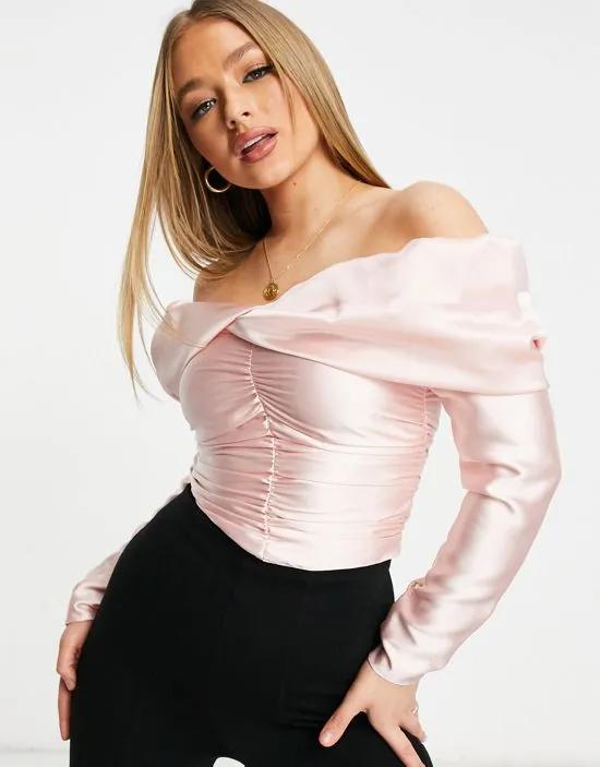 satin off-the-shoulder top with drape detail in pink