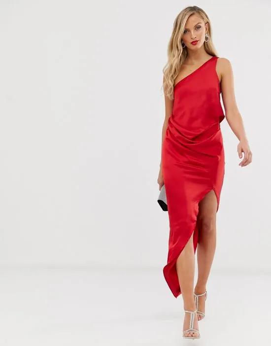 satin one shoulder drape midi dress in red