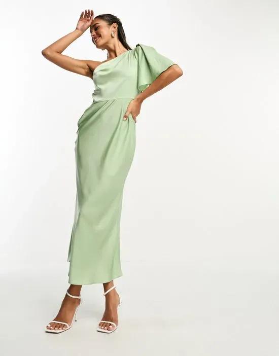satin one shoulder flutter sleeve midaxi dress in sage