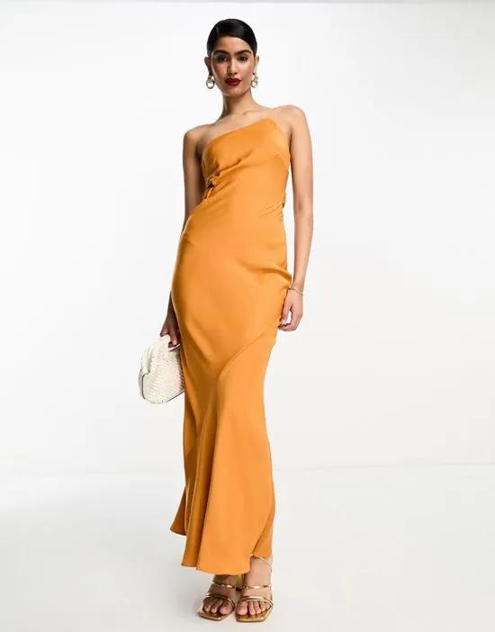 satin one shoulder maxi dress with cut out elastic band detail in sunset orange