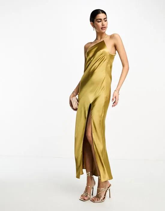 satin one shoulder midaxi dress in satin with drape back in gold