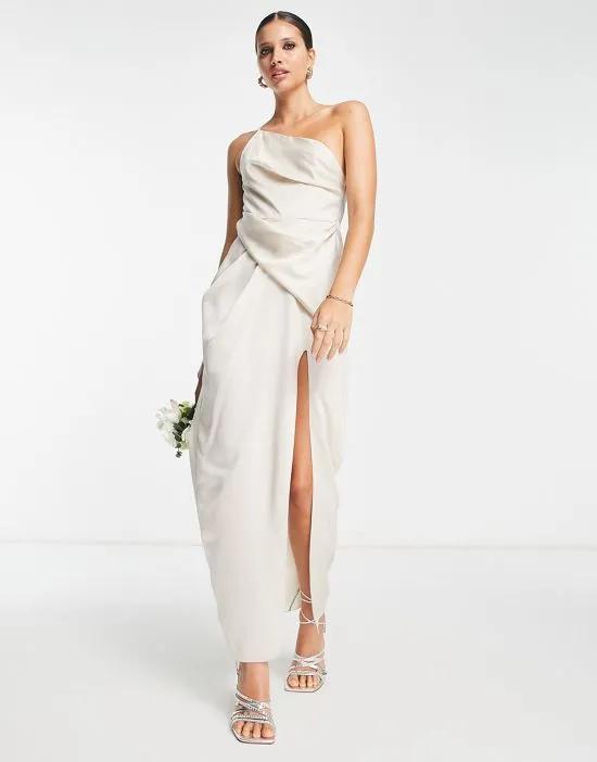 satin one shoulder strappy maxi dress with slit in ivory