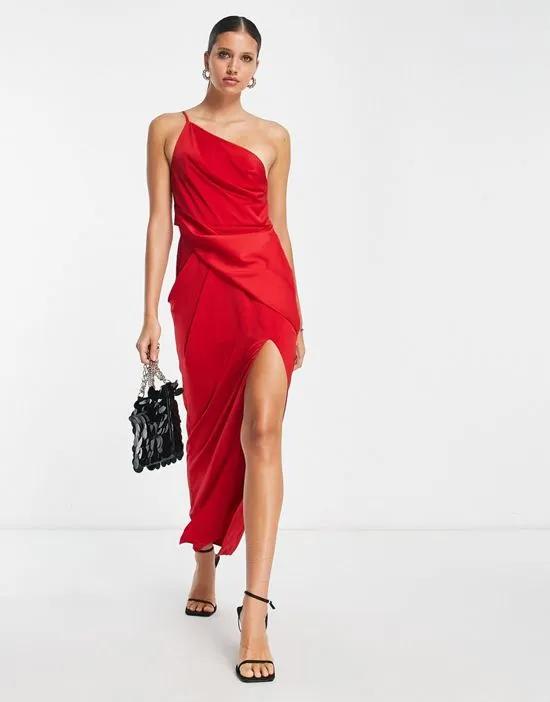 satin one shoulder strappy red midi dress with slit