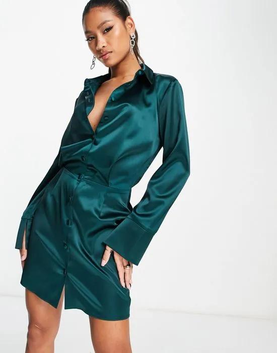 satin oversized shirt mini dress with shoulder pads in teal