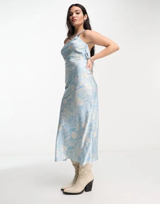 satin paisley print one shoulder midaxi dress in blue