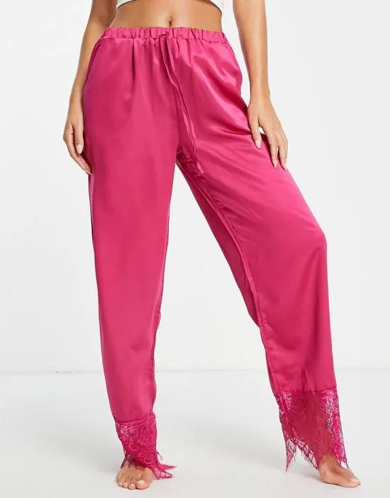 satin pajama pants with lace trim in raspberry - part of a set