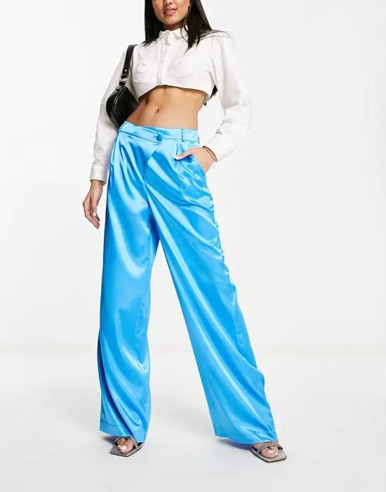 satin pants with drop waistband in blue - part of a set