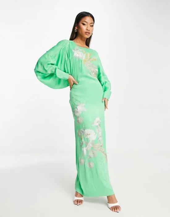 satin phoenix embroidery batwing midi dress with v back in apple green