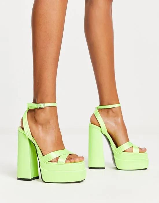 satin platform heeled sandals in lime