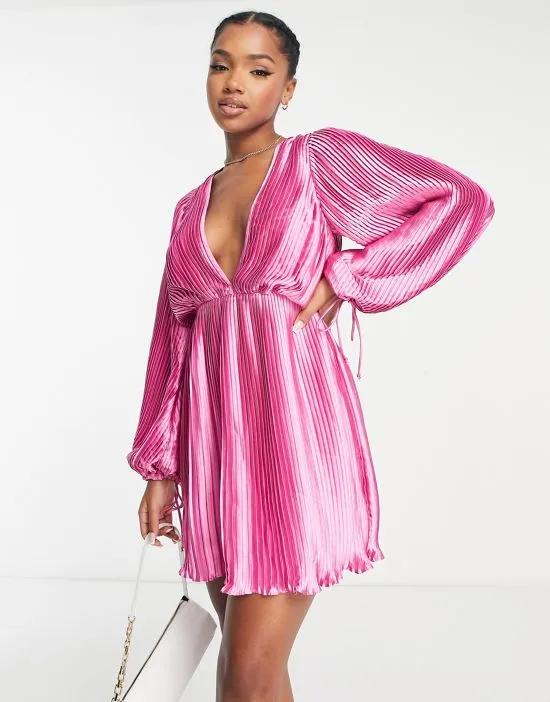 satin pleat detail plunge mini dress with blouson sleeves in pink