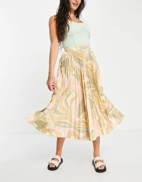 satin pleated midi skirt in 70s swirl print