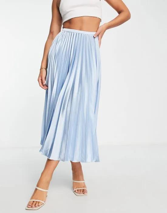 satin pleated midi skirt in pale blue
