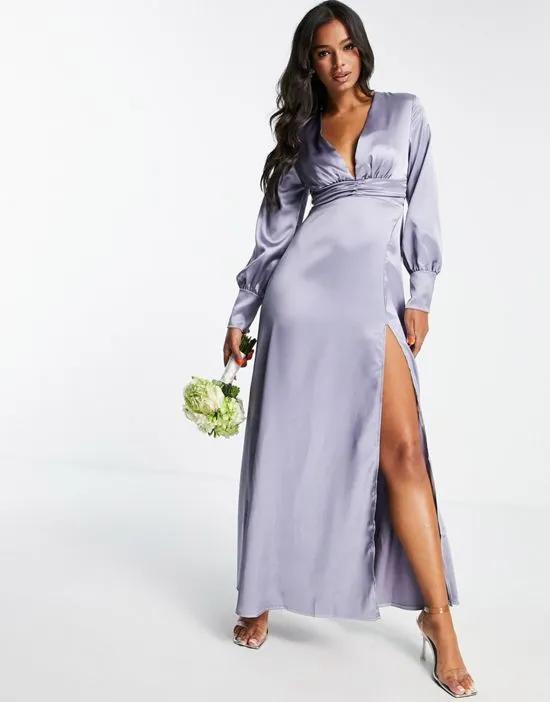 satin plunge front maxi dress with wrap skirt in gray blue
