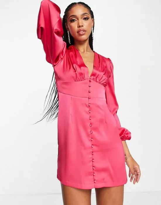 satin plunge front volume sleeve mini dress in pink