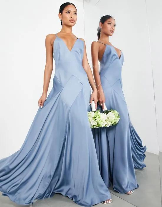 satin plunge maxi dress with cross back in dusky blue