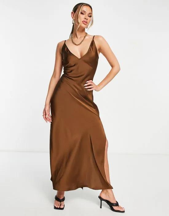 satin plunge maxi dress with thigh slit in brown