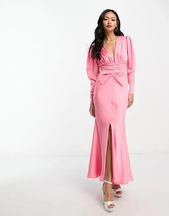 satin plunge midi dress with ruched waist detail in pink