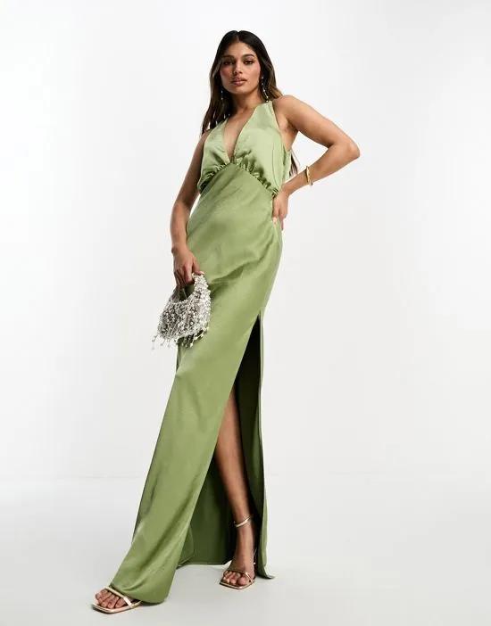 satin plunge slouchy maxi dress in olive green