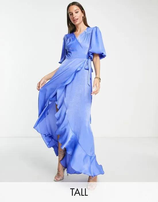 satin puff sleeve maxi wrap dress in light blue