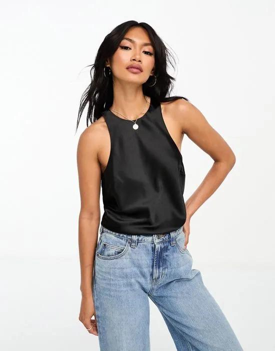 satin racer back top in black