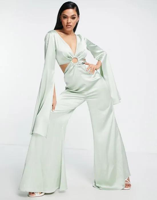 satin ring detail cut out extreme flare sleeve jumpsuit in sage