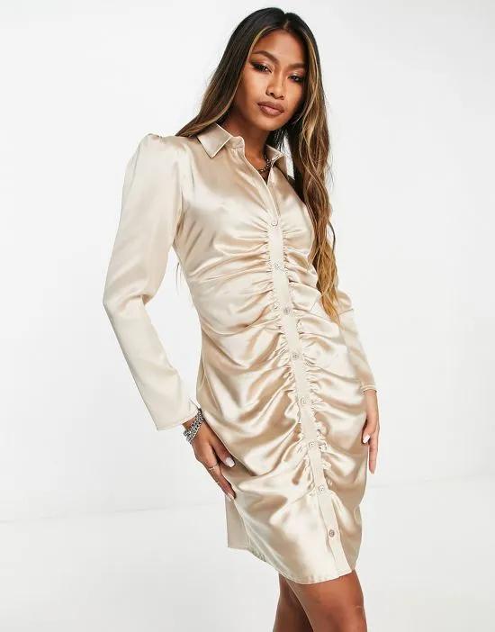 satin ruched body-conscious mini shirt dress in mink