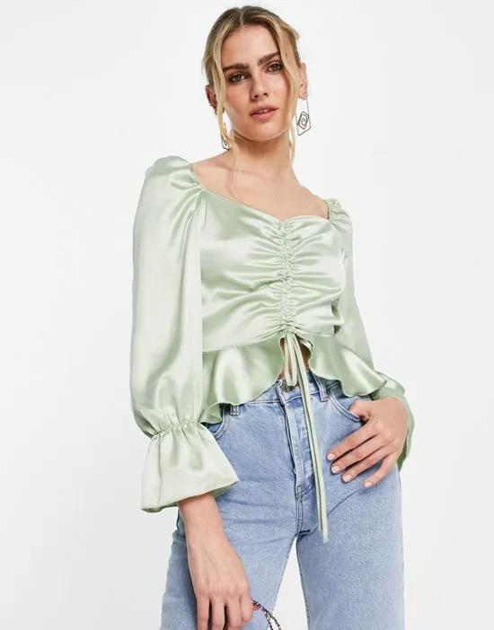 satin ruched front blouse in dusty sage