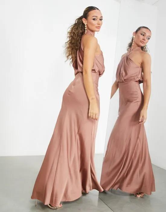 satin ruched halter neck maxi dress in cinnamon rose